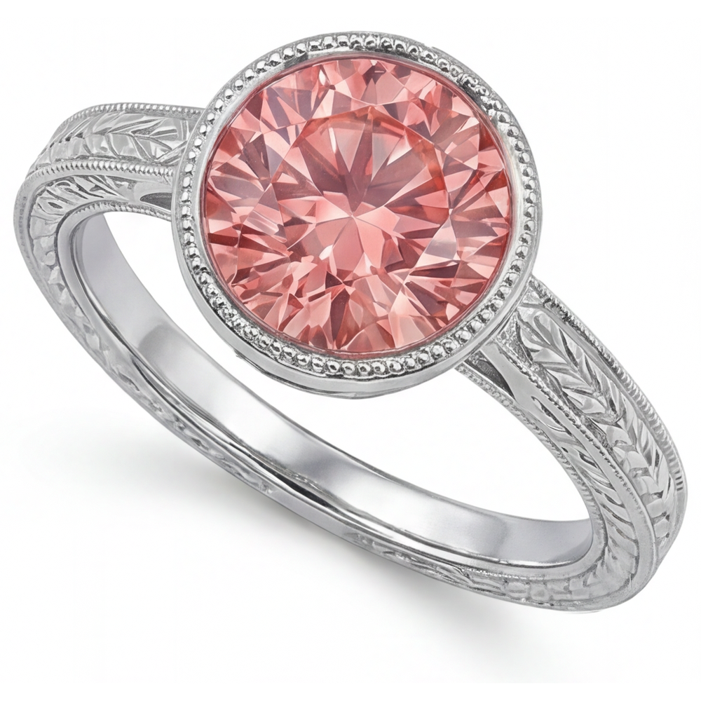 Padparadscha Ring 4 Carat Lab Grown Round Sapphire Bezel Solitaire 14K White Gold