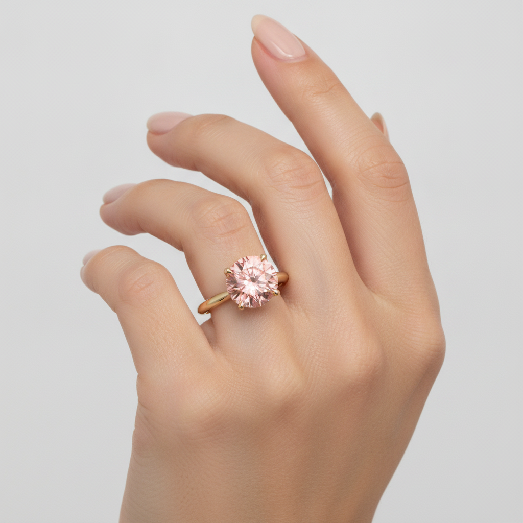 Padparadscha Sapphire Ring 4 Carat Lab Grown Round Solitaire 14K Yellow Gold
