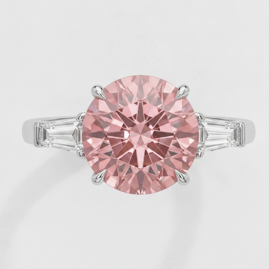 Padparadscha Sapphire Ring 3.1 Carat Genuine Round and White Baguette Three Stone Platinum