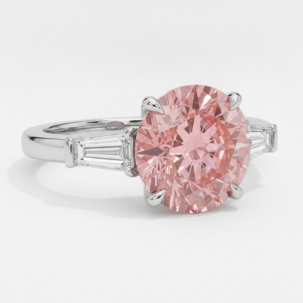 Padparadscha Sapphire Ring 3.1 Carat Genuine Round and White Baguette Three Stone Platinum