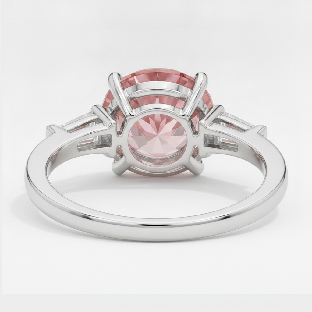 Padparadscha Sapphire Ring 3.1 Carat Genuine Round and White Baguette Three Stone Platinum