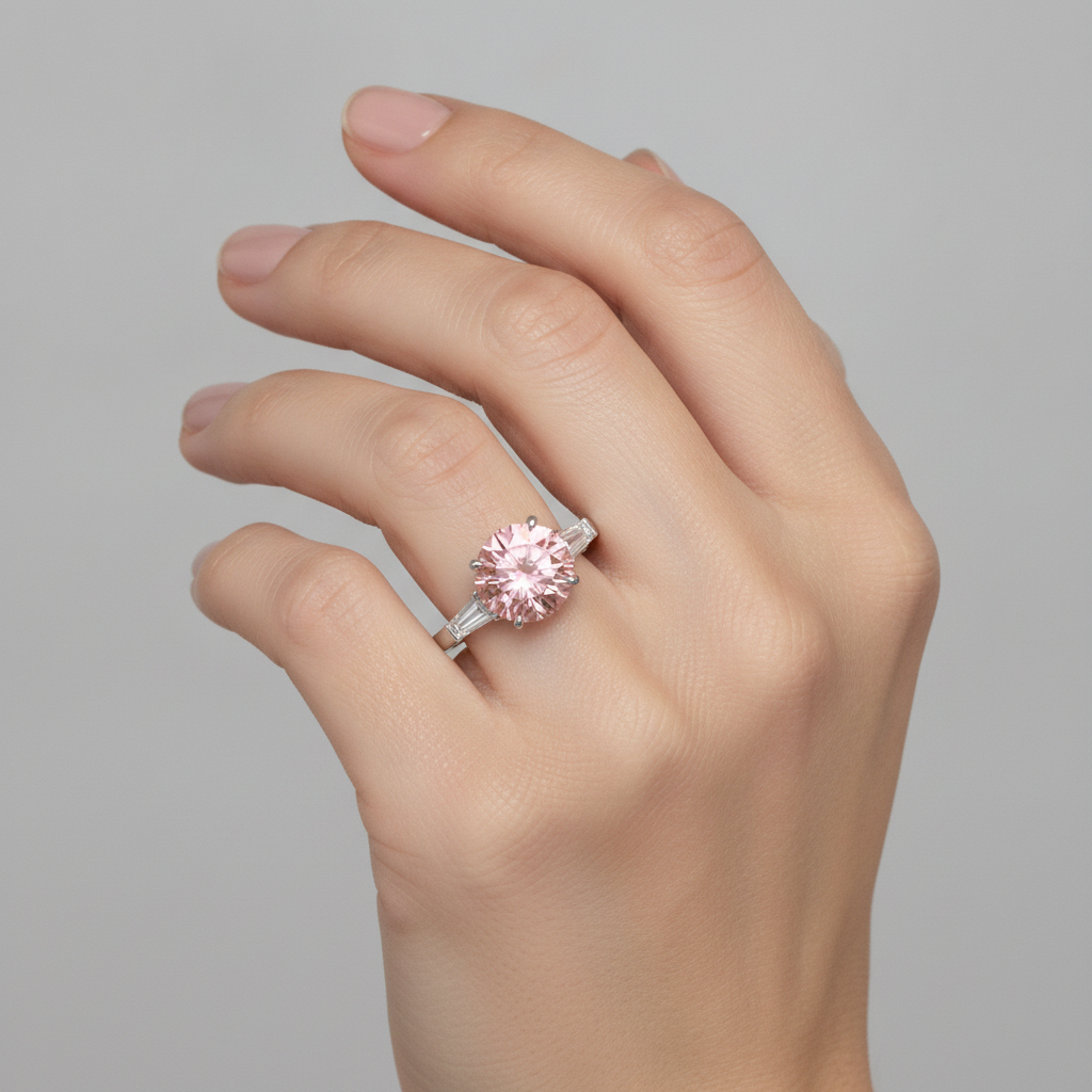 Padparadscha Sapphire Ring 3.1 Carat Genuine Round and White Baguette Three Stone Platinum
