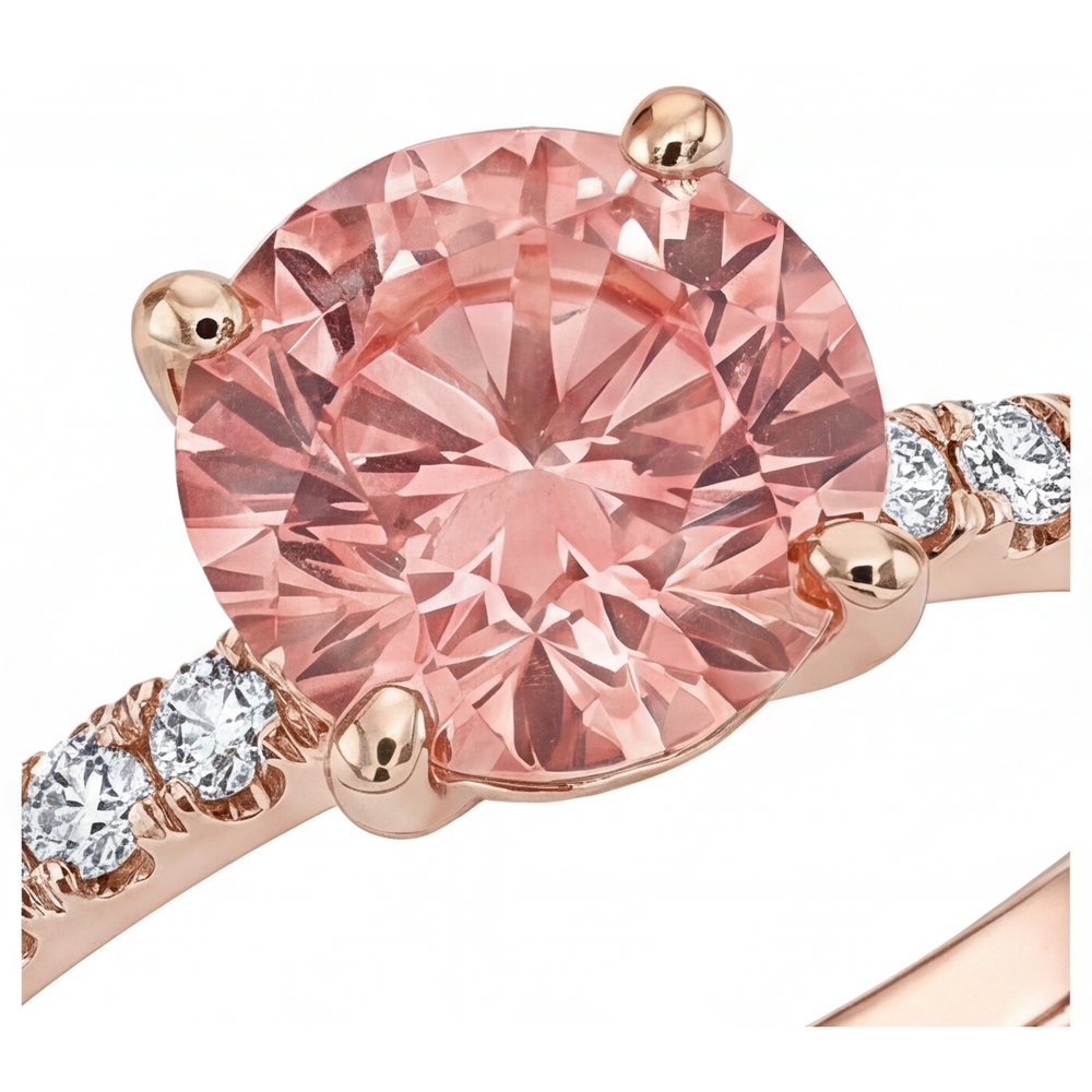 Padparadscha Engagement Ring 1.8 Carat Genuine Round Sapphire Pave 14K Rose Gold
