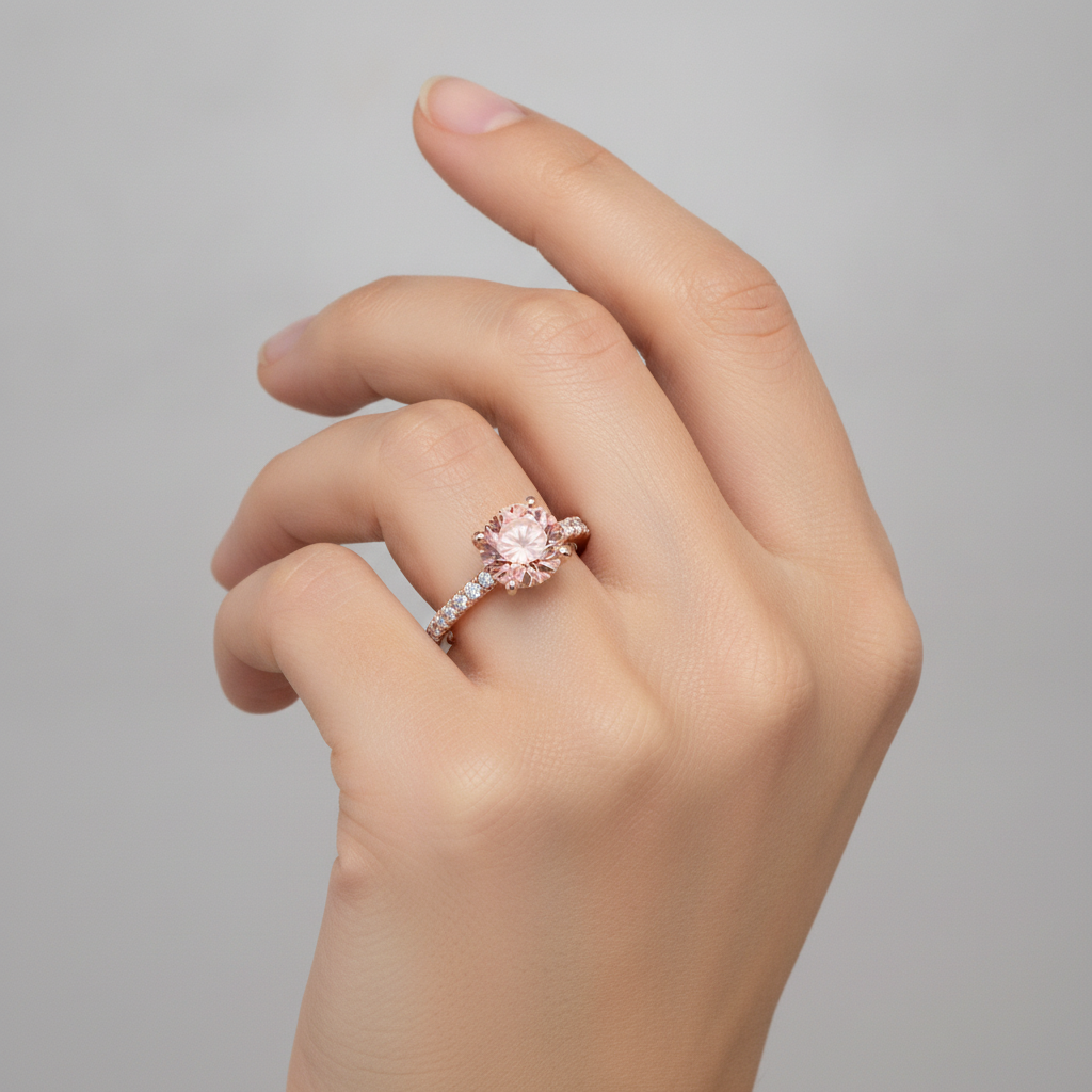 Padparadscha Engagement Ring 1.8 Carat Genuine Round Sapphire Pave 14K Rose Gold