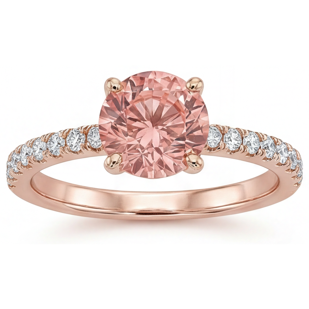 Padparadscha Engagement Ring 1.8 Carat Genuine Round Sapphire Pave 14K Rose Gold