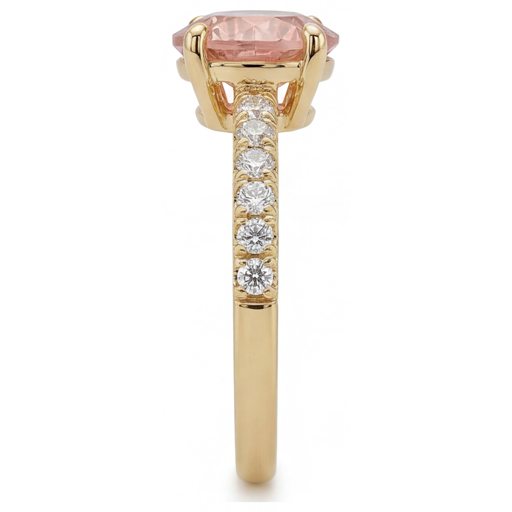 Padparadscha Ring 2.3 Carat Natural Round Sapphire Pave 14K Yellow Gold