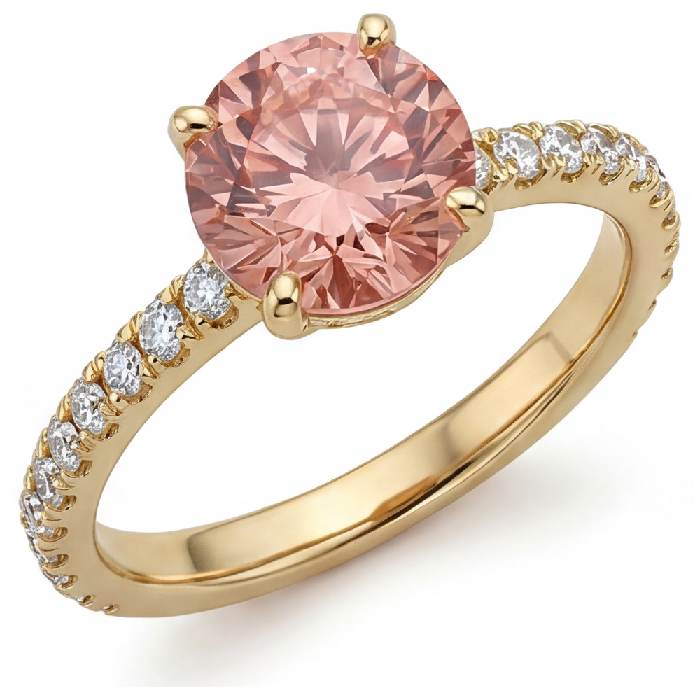 Padparadscha Ring 2.3 Carat Natural Round Sapphire Pave 14K Yellow Gold