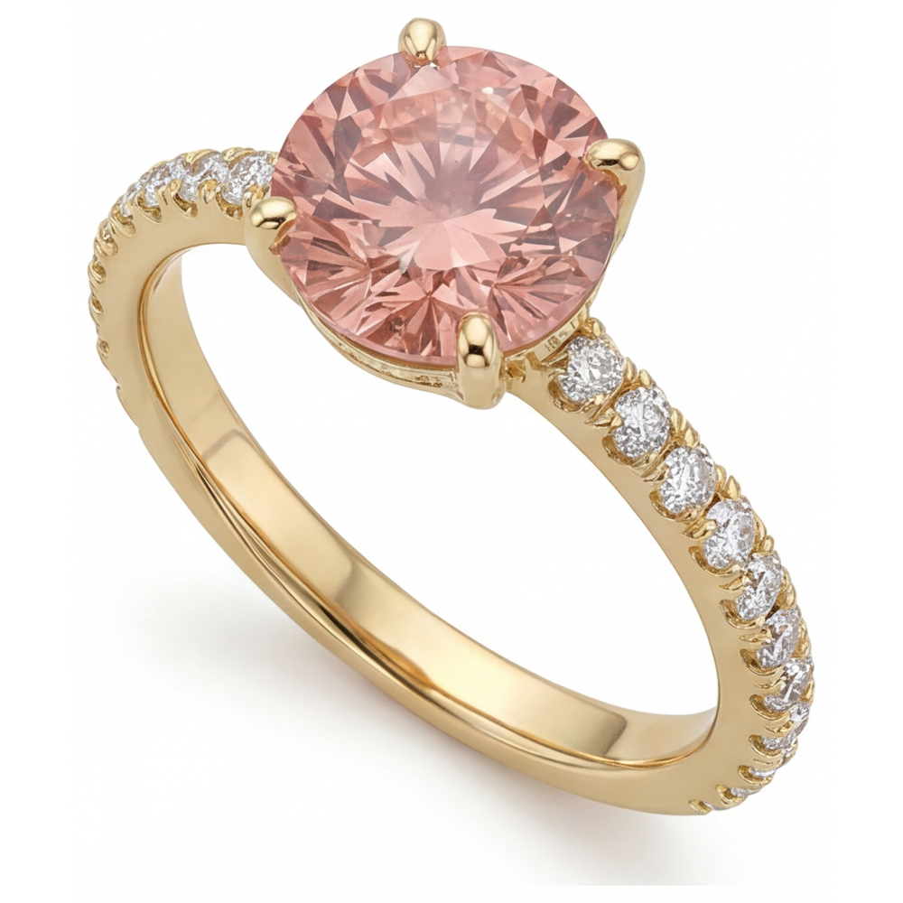 Padparadscha Ring 2.3 Carat Natural Round Sapphire Pave 14K Yellow Gold