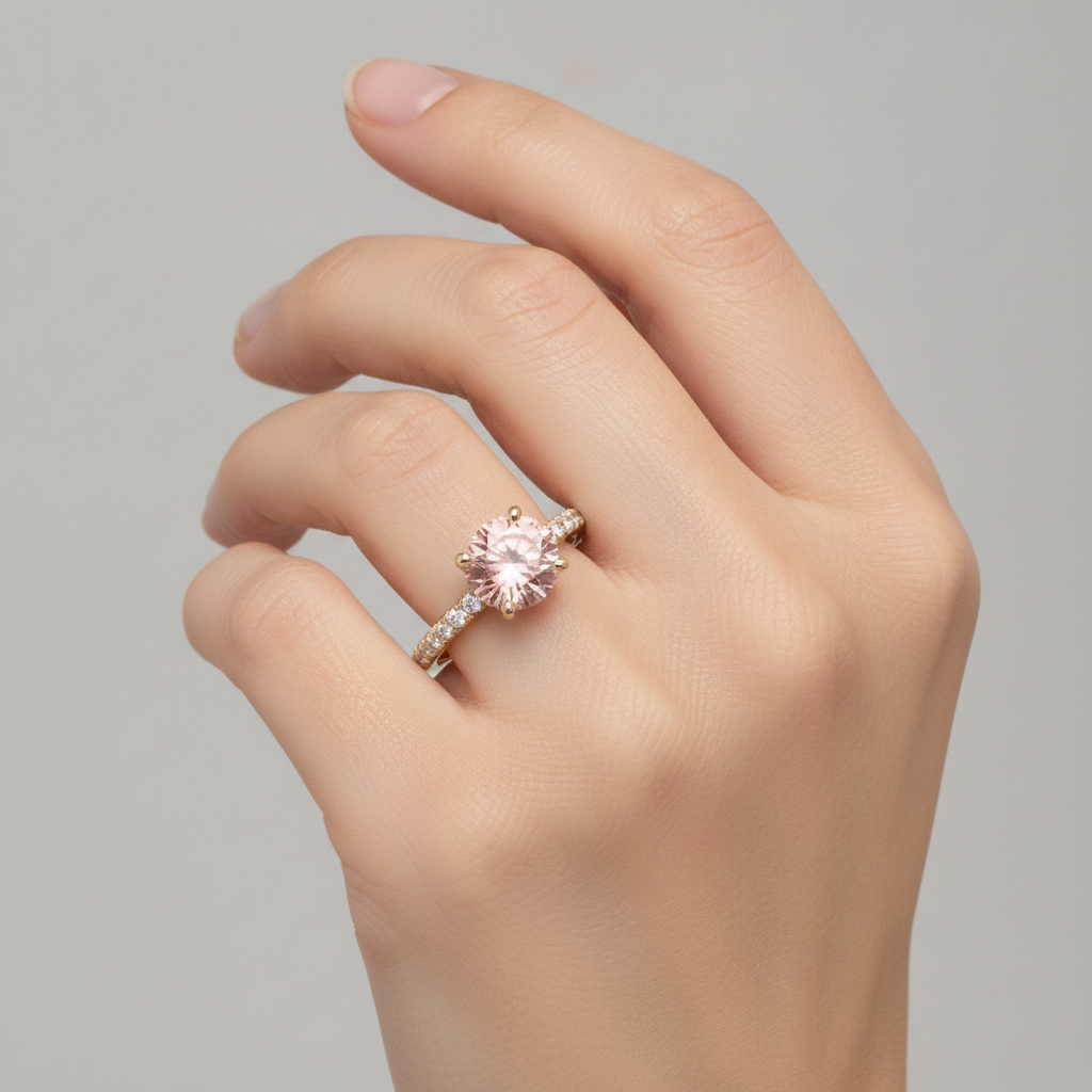 Padparadscha Ring 2.3 Carat Natural Round Sapphire Pave 14K Yellow Gold