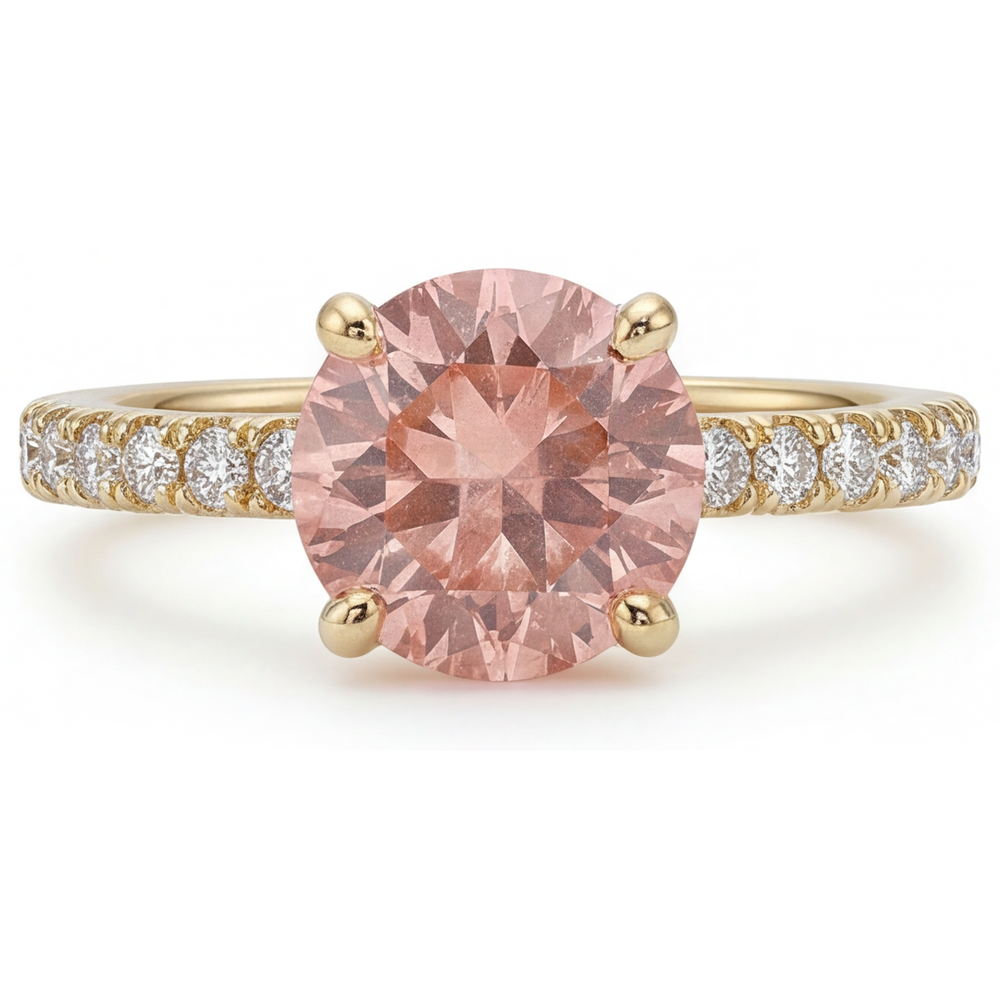 Padparadscha Ring 2.3 Carat Natural Round Sapphire Pave 14K Yellow Gold