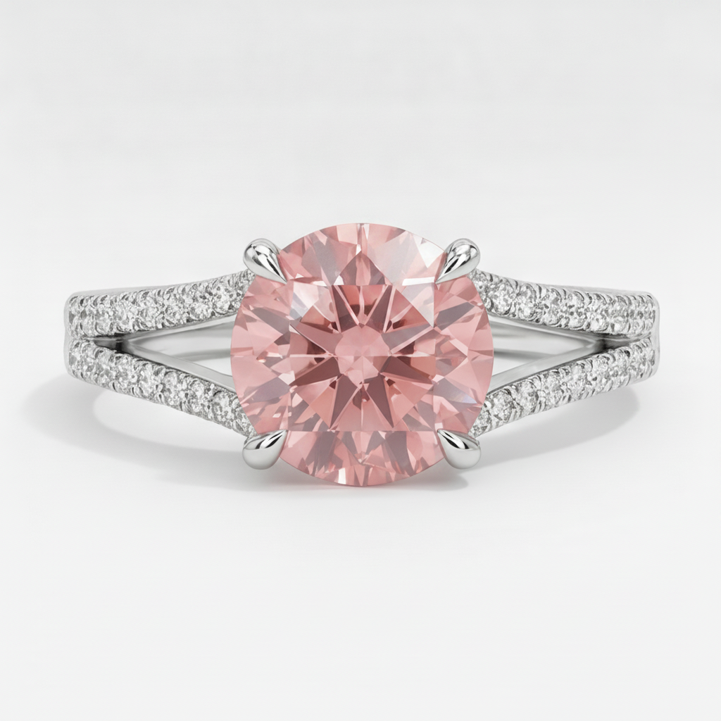 Peach Sapphire Engagement Ring 2.6 Carat Natural Round Padparadscha Split Shank 14K White Gold