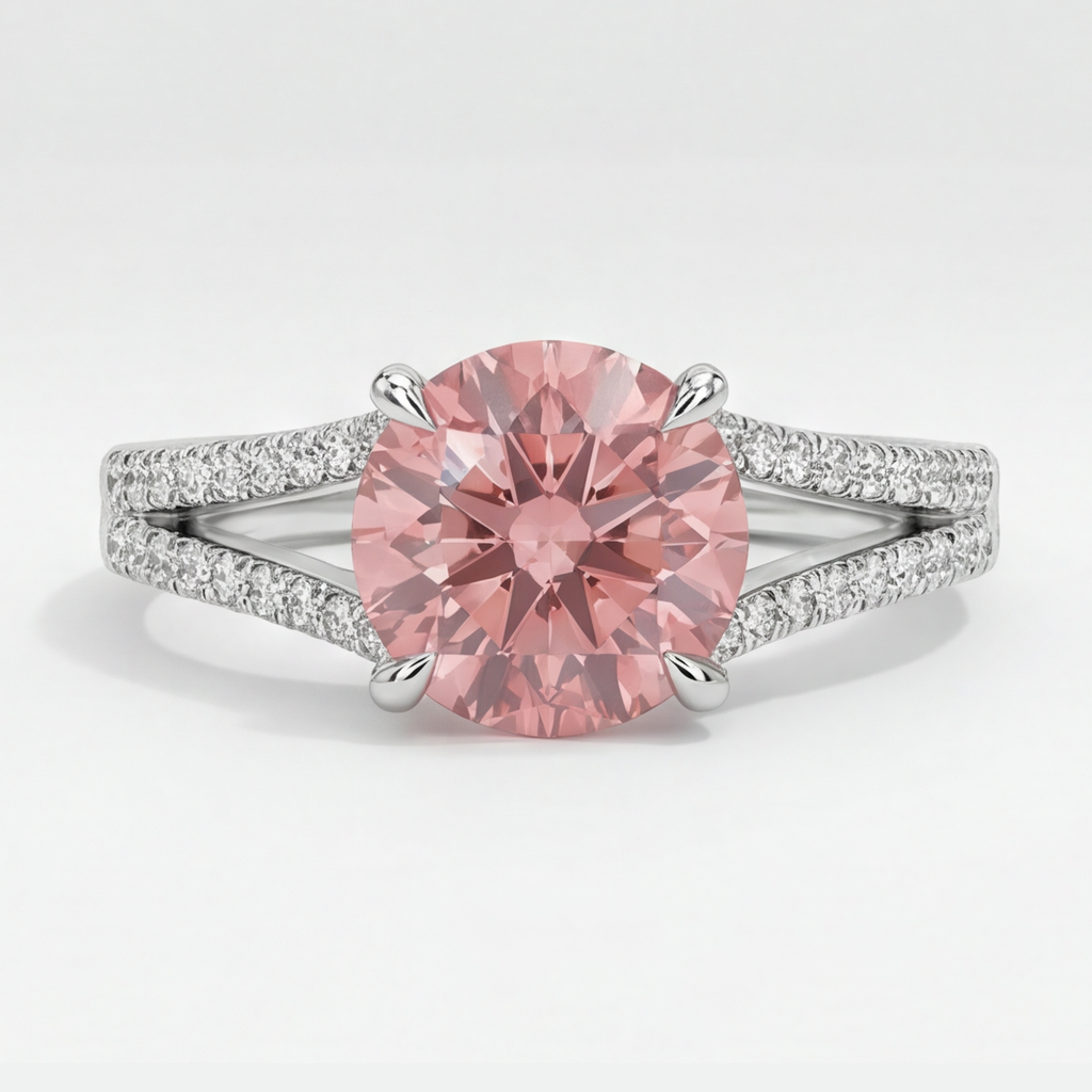 Peach Sapphire Engagement Ring 2.6 Carat Natural Round Padparadscha Split Shank 14K White Gold