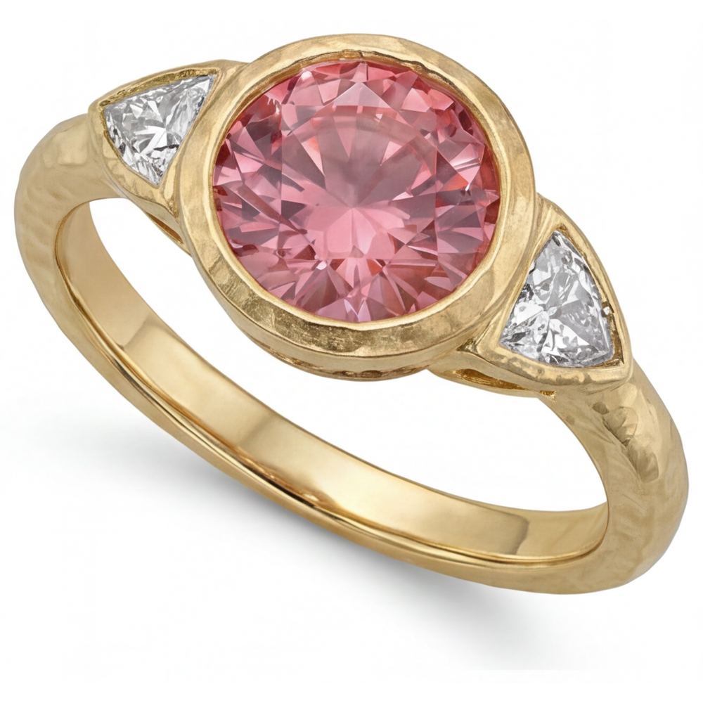 Padparadscha Ring 2.6 Carat Natural Round Sapphire and White Trilliant Bezel Three Stone 14K Yellow Gold