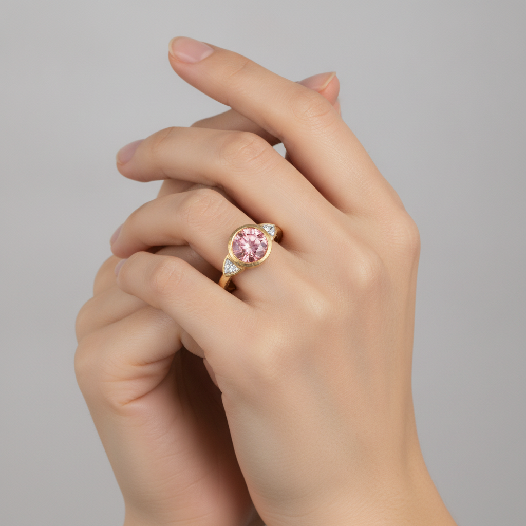Padparadscha Ring 2.6 Carat Natural Round Sapphire and White Trilliant Bezel Three Stone 14K Yellow Gold