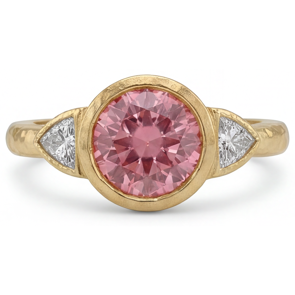 Padparadscha Ring 2.6 Carat Natural Round Sapphire and White Trilliant Bezel Three Stone 14K Yellow Gold