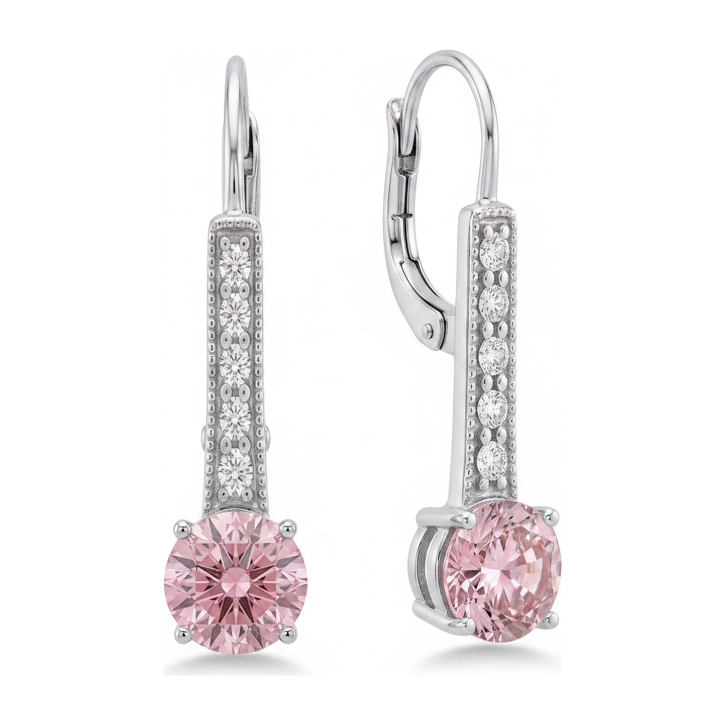 Pink Diamond Earrings 2.5 Carat Lab Grown Round Leverback 14K White Gold