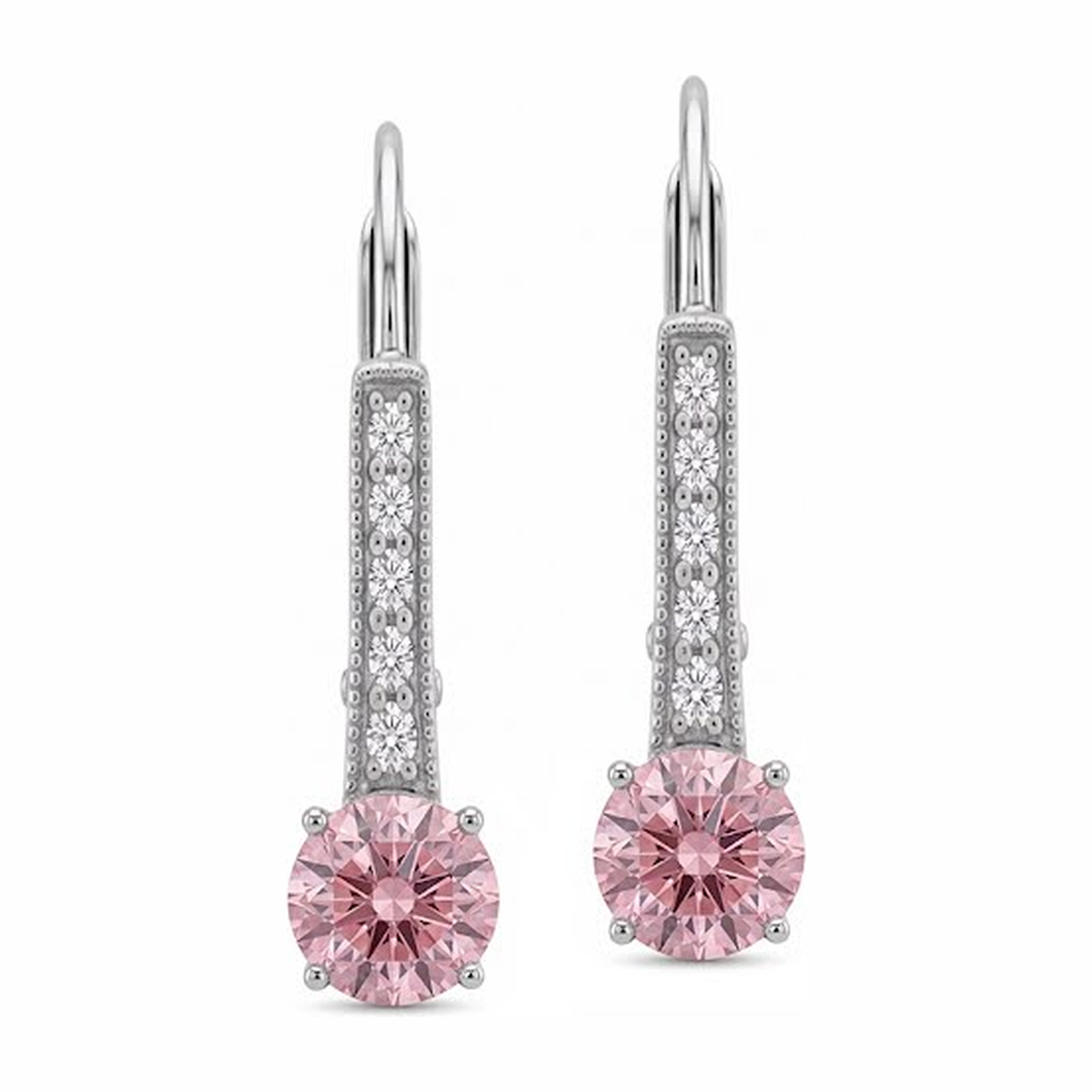 Pink Diamond Earrings 2.5 Carat Lab Grown Round Leverback 14K White Gold