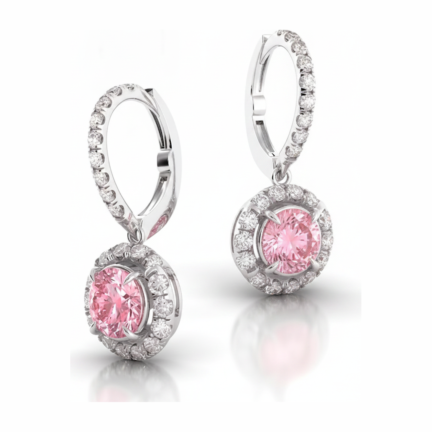 Pink Diamond Earrings 1.5 Carat Lab Grown Round Halo Leverback 14K White Gold
