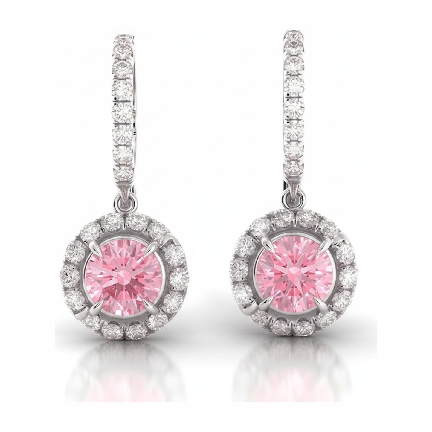 Pink Diamond Earrings 1.5 Carat Lab Grown Round Halo Leverback 14K White Gold
