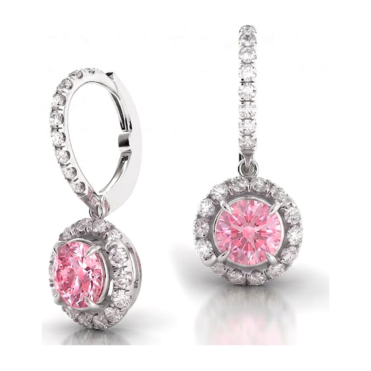 Pink Diamond Earrings 1.5 Carat Lab Grown Round Halo Leverback 14K White Gold