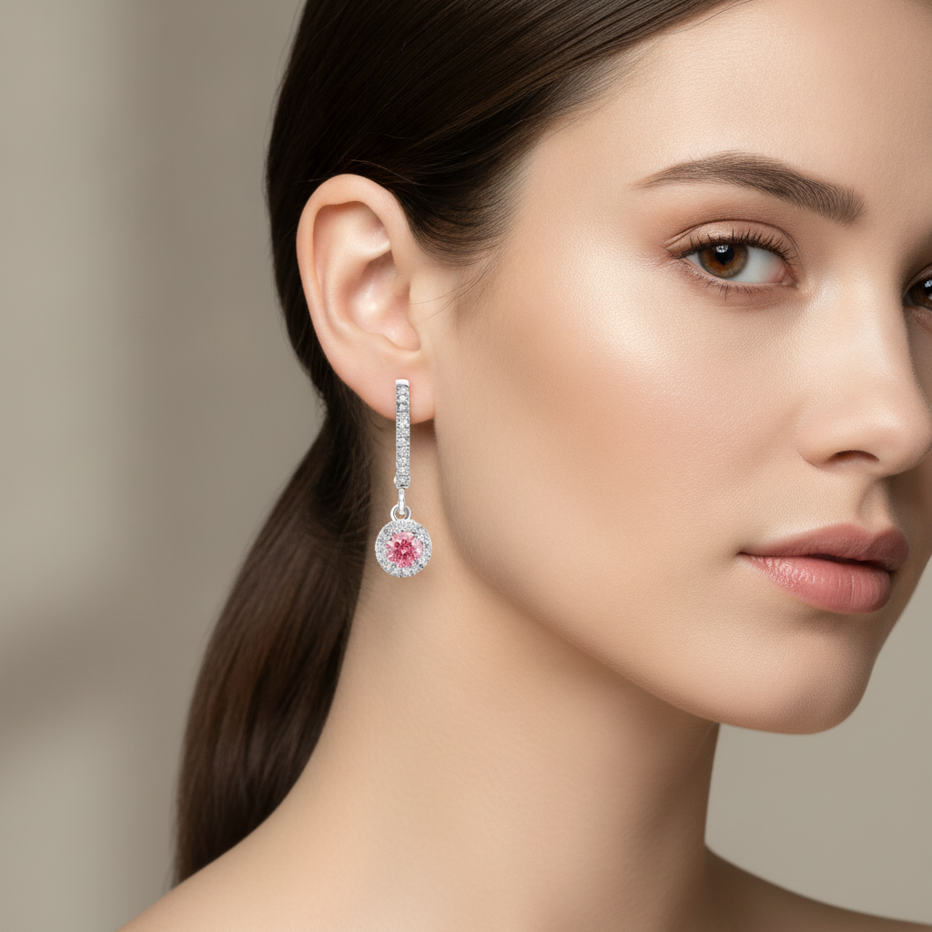 Pink Diamond Earrings 1.5 Carat Lab Grown Round Halo Pave Leverback 14K White Gold