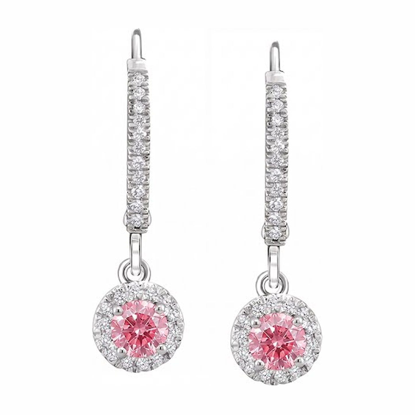 Pink Diamond Earrings 1.5 Carat Lab Grown Round Halo Pave Leverback 14K White Gold