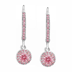 Pink Diamond Halo Earrings 1.5 Carat Lab Grown Round Pave Leverback 14K White Gold