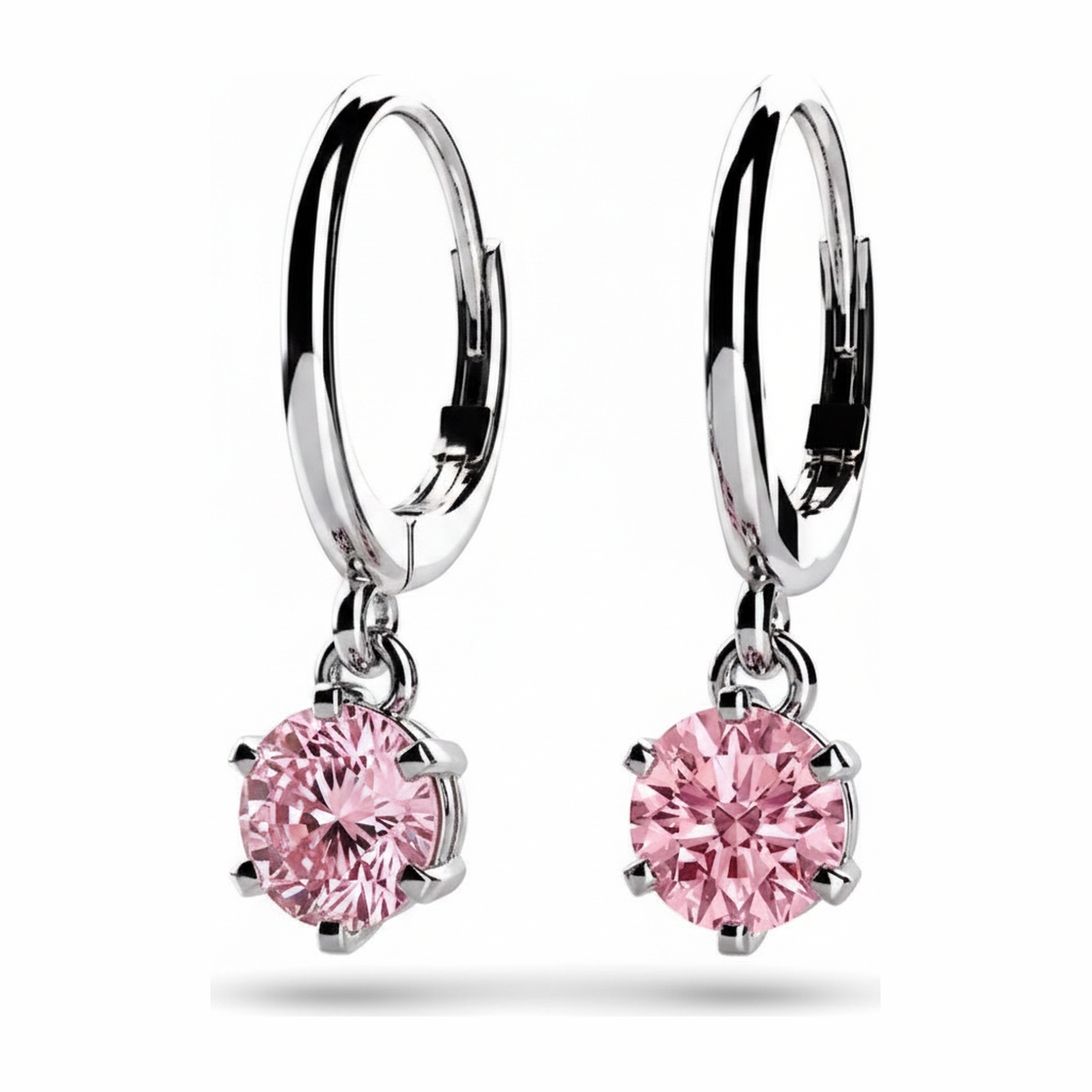 Pink Diamond Earrings 2 Carat Lab Grown Round Solitaire Leverback 14K White Gold