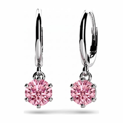 Pink Diamond Earrings 2 Carat Lab Grown Round Solitaire Leverback 14K White Gold