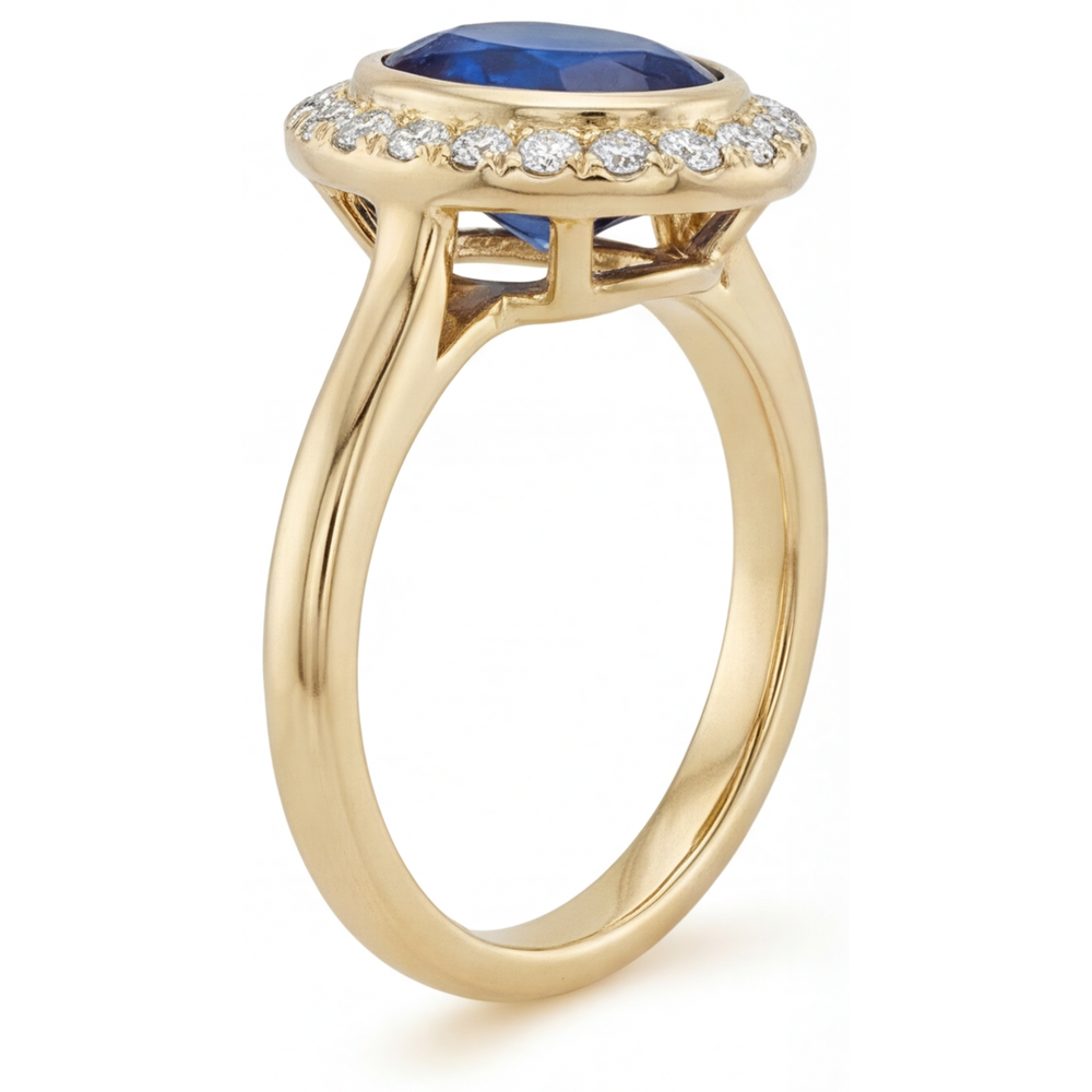 Royal Blue Sapphire Oval Cut Colored Stone Ring in 14 Karat Yellow Gold – angle view