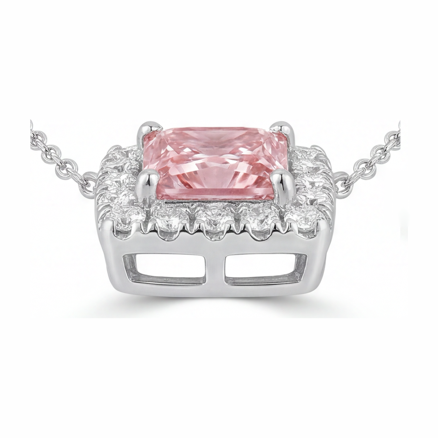 Pink Diamond Necklace 4.5 Carat Lab Grown Radiant Halo Pave Pendant 14K White Gold