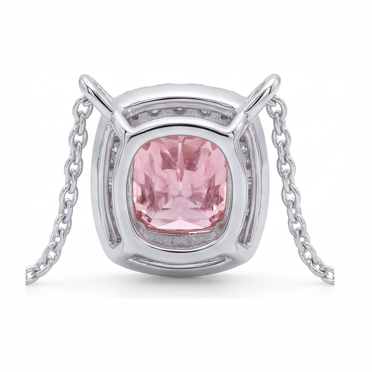 Pink Diamond Necklace 3.75 Carat Lab Grown Cushion Halo Pendant 14K White Gold