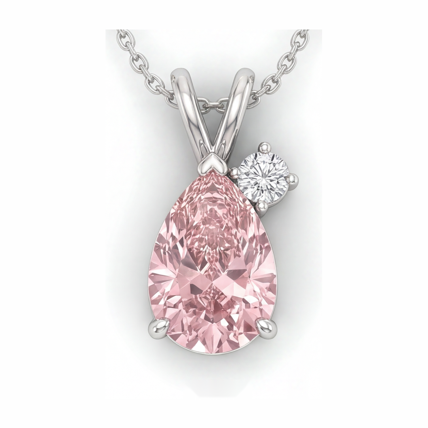 Lab Grown Pink Diamond Necklace 3.5 Carat Pear Bypass Pendant 14K White Gold