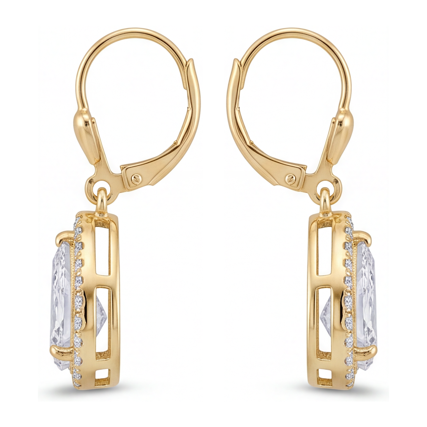 White Diamond Drop Earrings 3.5 Carat Lab Grown Pear Halo Leverback 14K Yellow Gold
