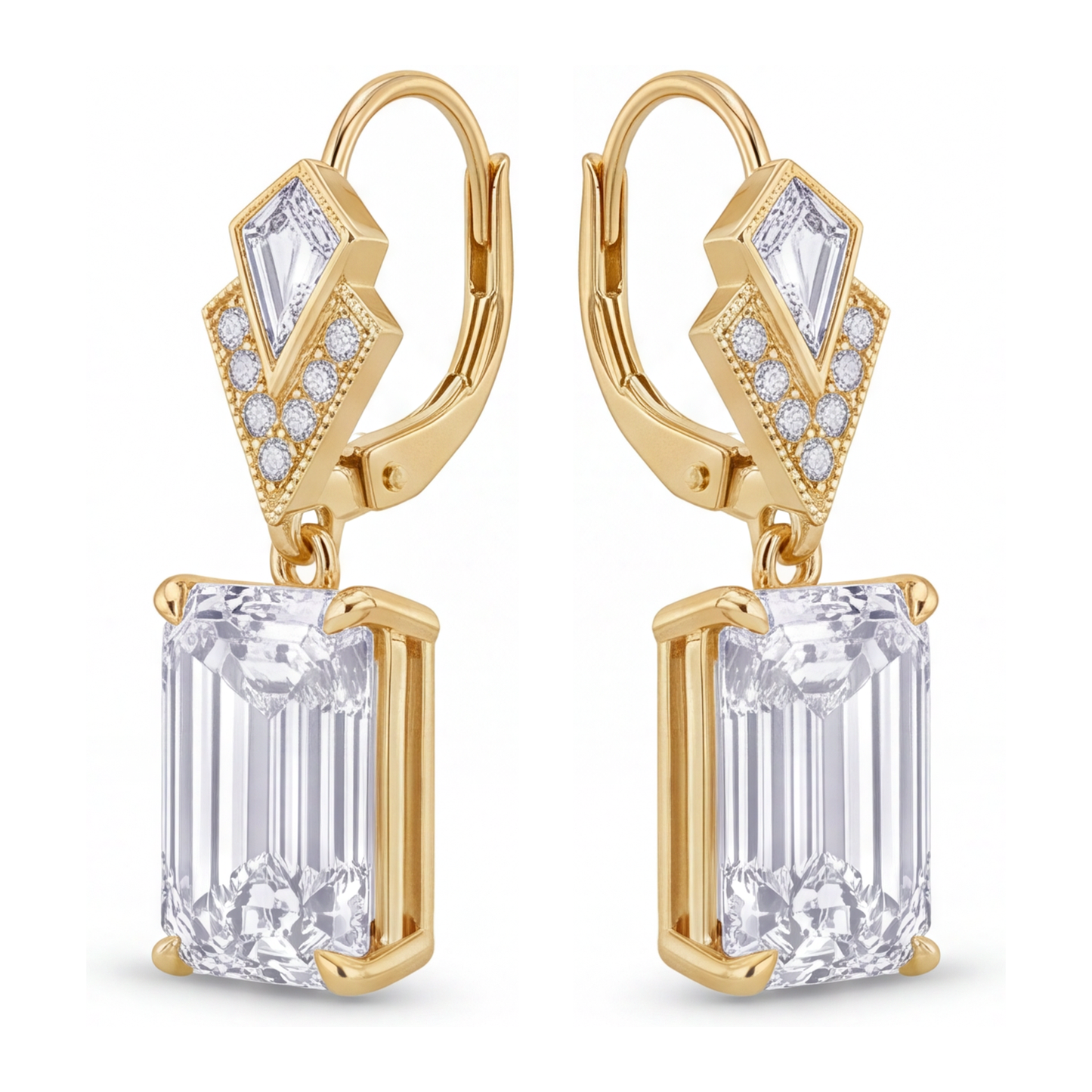 White Diamond Drop Earrings 4 Carat Lab Grown Emerald Cut Art Deco 14K Yellow Gold