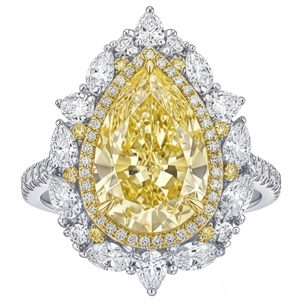 Pear Shape Yellow Canary Diamond ring in 14 Karat Two Tone Gold – front view
