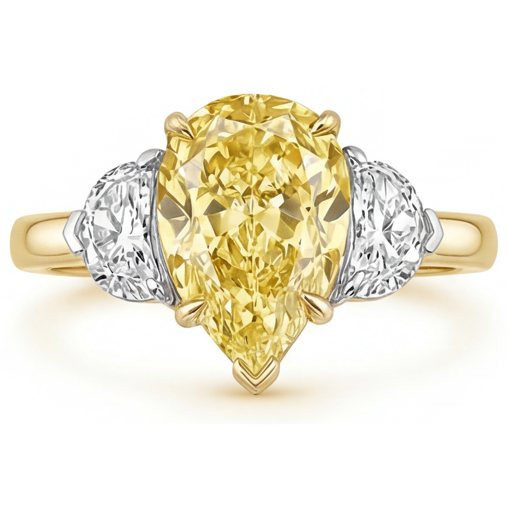 Pear Shape Yellow Canary Diamond ring in 14K Two Tone Gold – angle view