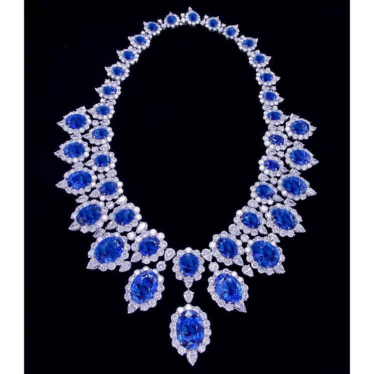 White Gold 291.17 Ct. Blue Sapphire & White Diamond Necklace Jewelry - Gemstone Necklace-harrychadent.ca
