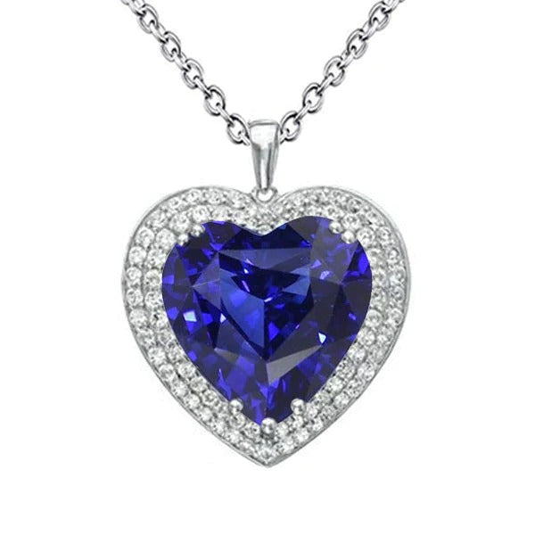 Blue Sapphire & Diamond Double Halo Heart Pendant 6.50 Carats Gold - Gemstone Pendant-harrychadent.ca