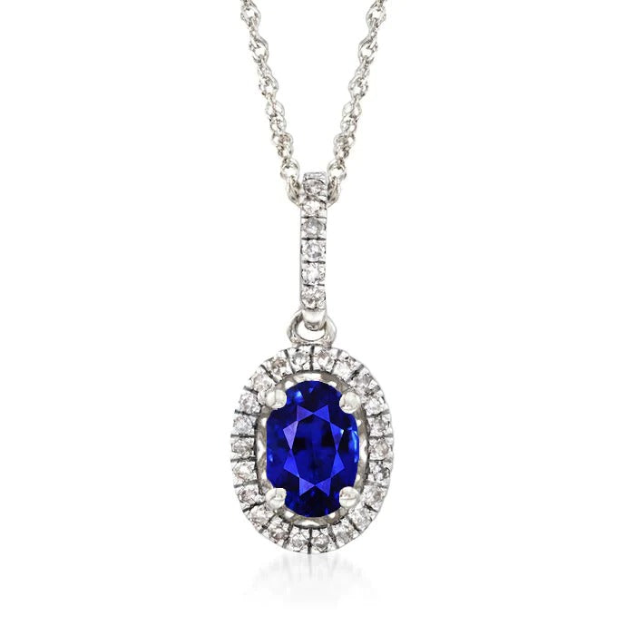 Oval Sri Lankan Sapphire & Diamond Halo Pendant With Chain 3 Carats - Gemstone Pendant-harrychadent.ca