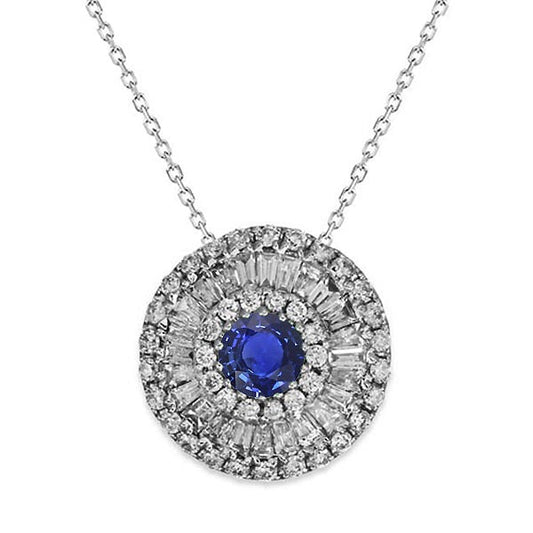 Double Halo Blue Sapphire & Diamond Pendant Vintage Style 4.25 Carats - Gemstone Pendant-harrychadent.ca