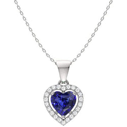 Halo Heart Blue Sapphire & Round Diamond Pendant 2 Carats 14K Gold