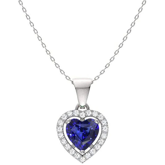 Halo Heart Blue Sapphire & Round Diamond Pendant 2 Carats 14K Gold - Gemstone Pendant-harrychadent.ca