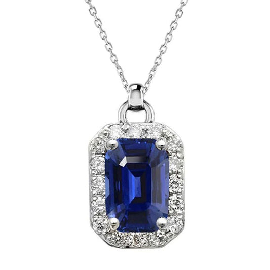 Halo Pendant Emerald Sri Lankan Sapphire & Round Diamond 4.25 Carats - Gemstone Pendant-harrychadent.ca