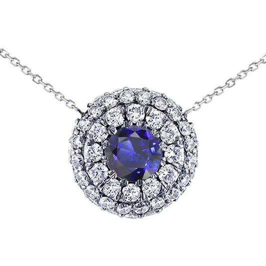 Diamond Double Halo Pendant Round Blue Sapphire Necklace 4.25 Carats - Gemstone Pendant-harrychadent.ca