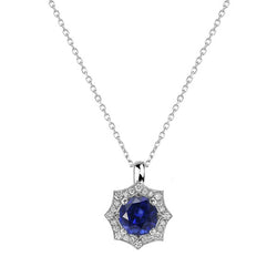 Halo Round Sapphire & Natural Earth Mined Diamond Pendant With Bail Necklace 1.25 Carats