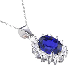 Halo Oval Ceylon Sapphire & Natural Earth Mined Diamond Pendant Flower Style 4.25 Carats