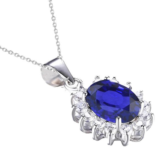 Halo Oval Ceylon Sapphire & Diamond Pendant Flower Style 4.25 Carats - Gemstone Pendant-harrychadent.ca