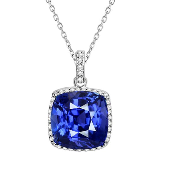 Cushion Ceylon Sapphire Halo Diamond Pendant With Chain 5.50 Carats - Gemstone Pendant-harrychadent.ca