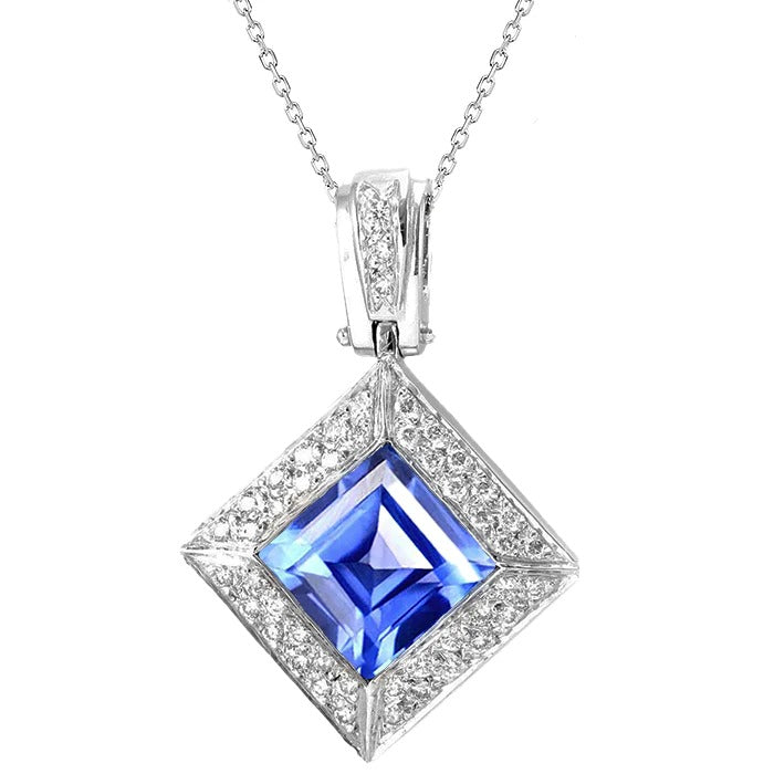 Halo Princess Light Blue Sapphire Pendant Diamond Necklace 4.75 Carats - Gemstone Pendant-harrychadent.ca